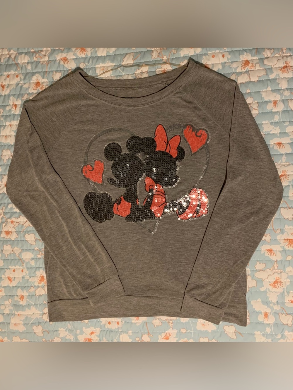 Disney Gray Sequin Minnie & Mickey Heart Pullover sweater with sparkly sequins